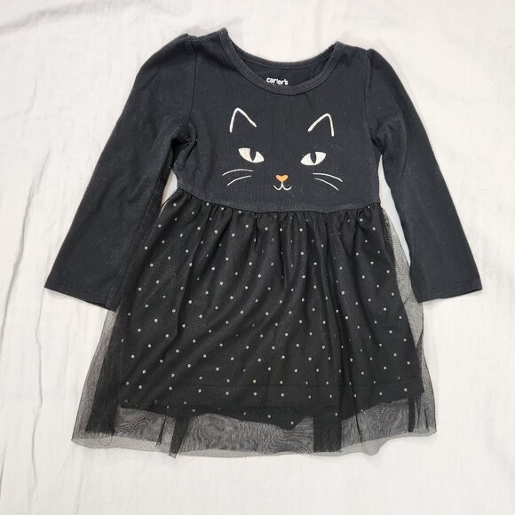 Carter’s Long Sleeve Black Cat Dress 2T Halloween Tulle Overlaying Sparkles - Picture 1 of 3